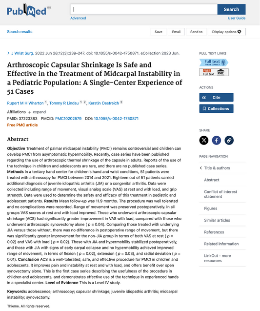 Rupert's research on Wrist Arthroscopy as part of a team in Birmingham and Pulvertaft Hand Centre is published