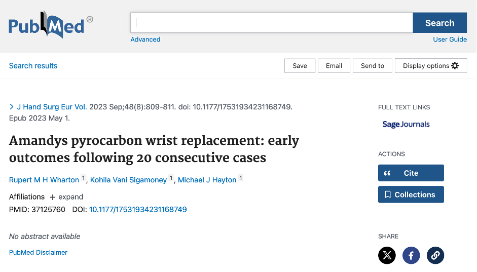 Rupert's research on pyrocarbon wrist replacements from Wrightington Hospital is published