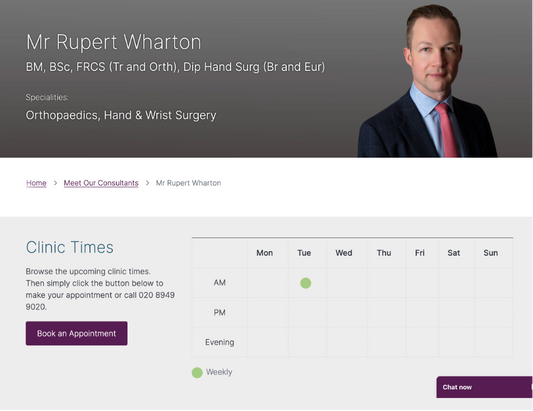 Mr Wharton is now offering appointments at New Victoria Hospital